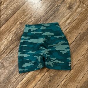 Bombshell Sportswear Teal Camo High-Waist Shorts